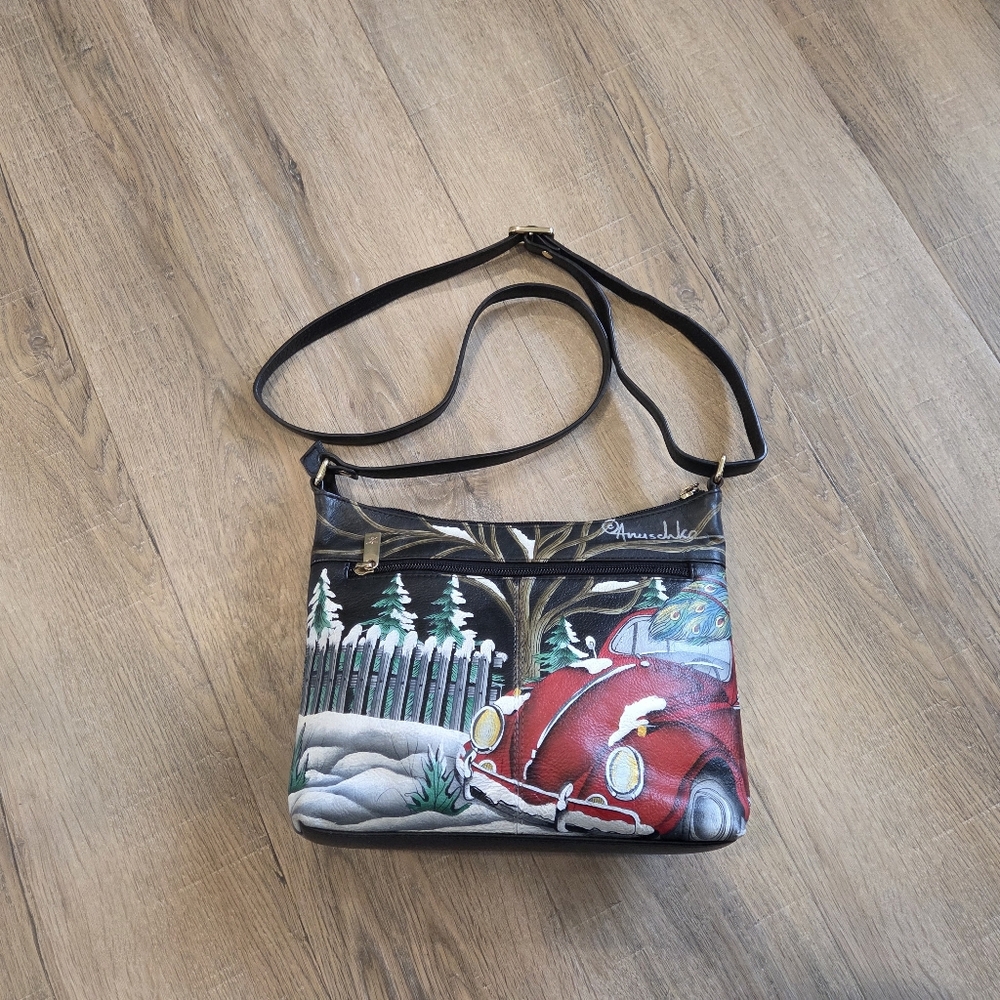 Anuschka Hand-Painted Leather Crossbody Peacock Winter Tree Design Colorful Art - Picture 3 of 13
